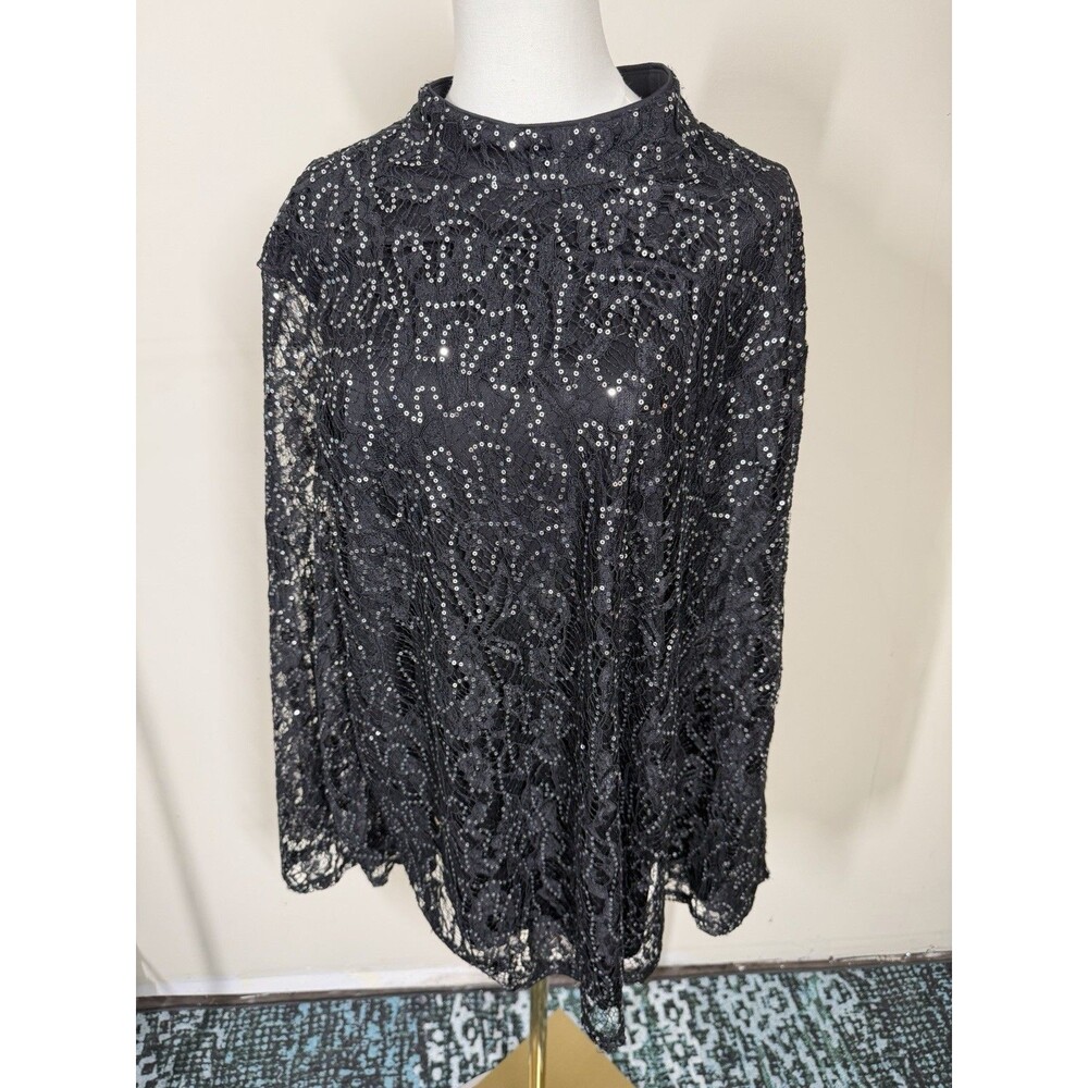 Sami & Jo Womens Blouse Plus 3X Black Silver Sequin Lace Keyhole $52 NEW 365